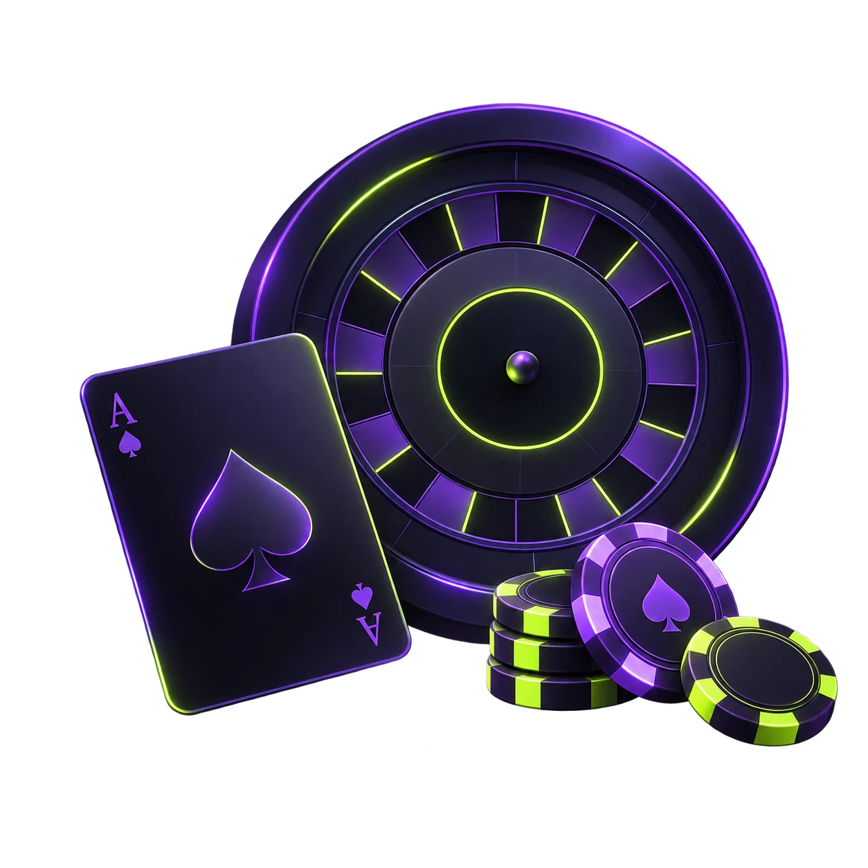 Roulette wheel, ace of spades card and casino chips